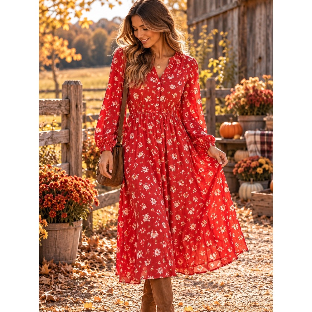 Modest Floral Flowy Midi Dress Size L Blouson Long Sleeve Red Vibrant Teacher
